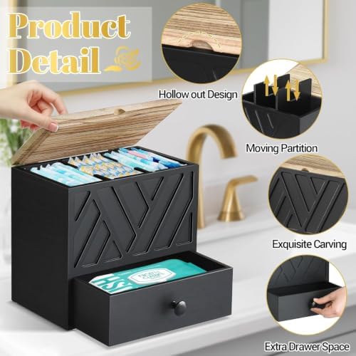 Tampon Holder for Bathroom Decor, Feminine Product Organizer with Lid and Drawer, Shark Week Tampon Storage, Wood Pad and Tampon Organizer for Toilet Organizer, Bathroom Accessories Box for Girl Stuff - Image 5