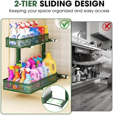 Under Sink Organizer 4-Pack, Metal 2-Tier Pull-Out Cabinet Shelf with Slide-Out Mesh Drawers, Height Adjustable, Space-Saving Under Sink Storage Racks for Kitchen, Bathroom, Laundry Room,Dark Green - Image 7