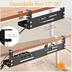 No Drill Under Desk Cable Management Tray, 17”-30” Retractable Cord Organizer for Table, Clamp Mount Wire Basket, Power Strip Holder & Metal Cord Organizer for Office, Home，Black - Image 2
