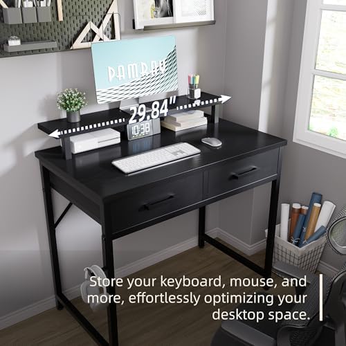 Pamray 32 Inch Small Computer Desk with Monitor Stand and 2 Drawers - Image 4