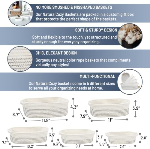 NaturalCozy 5-Piece Rectangle Storage Basket Set- Natural Cotton Rope Woven Baskets for Organizing! Small Basket for Montessori, Baby Nursery, Dog Toy Baskets, Cat Toy Box, Bathroom Organization Bin - Image 2