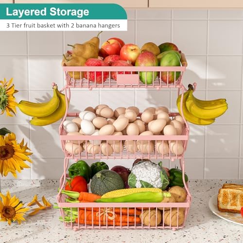 3 Tier Fruit Basket for Kitchen Counter with 2 Banana Hangers, Countertop Metal Fruit Bowl with Wooden Handle, Large Storage Stand for Vegetables, Snacks, Breads, Produce Storage – Pink - Image 2