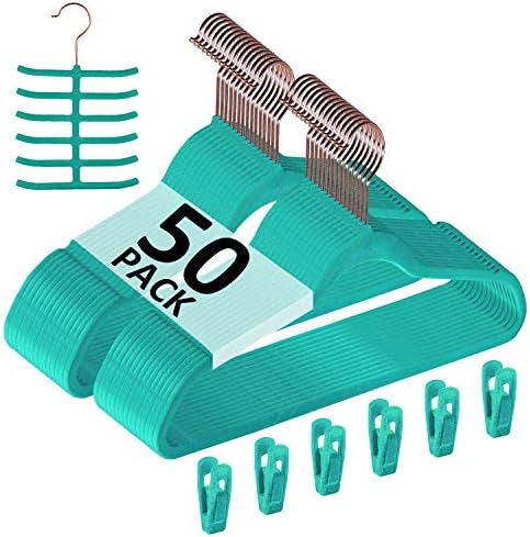 VECELO Premium Velvet Clothes Hangers Suit Heavy Duty (50 Pack)-Non Slip & Space-Saving with 6 Finger Clips & 2Tie Rack Excellent for Men and Women,Light Teal by VECELO