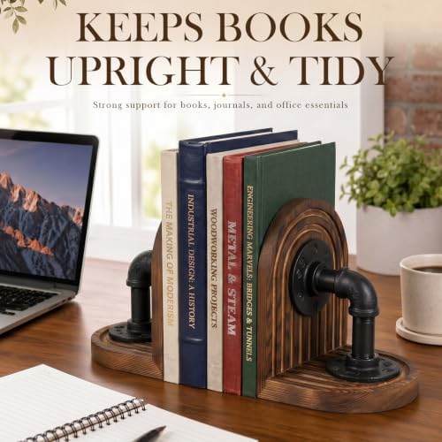 Rustic 6.1x5in Wood Decorative Bookends for Shelves Industrial Pipe Design - Image 5