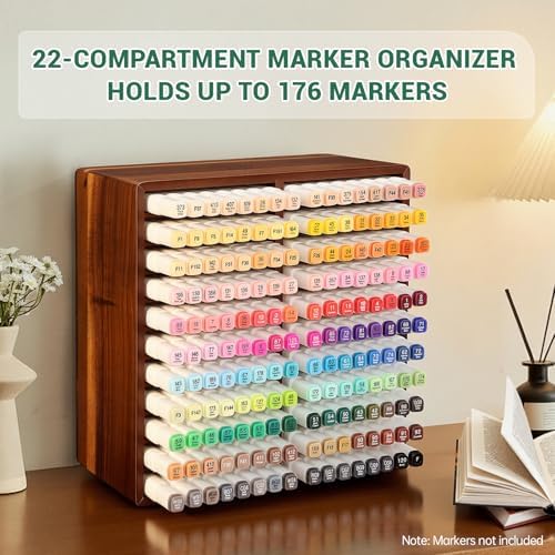 walowalo Acacia Wood Marker Organizer with 22 Compartments Holds 176 Markers, Alcohol Marker Storage Desk Organizer Pen Holder for Office Home Classroom Artists Kids Birthday Gift - Image 3