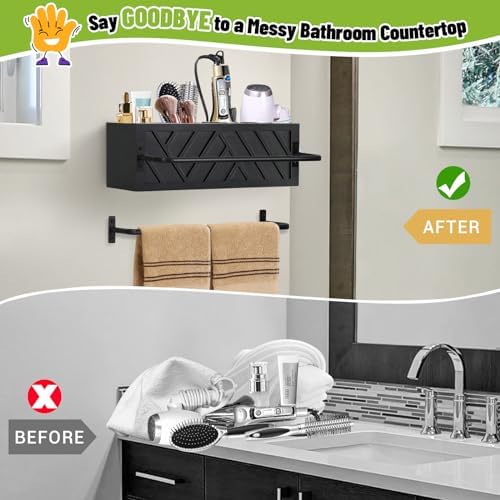 Hair Tool Organizer Wall Mount With 2 Towel Bars, Wood Hot Tools Holder, Rustic Bathroom Blow Dryer Holder For Decor, Flat Iron, Curling Wand, Brushes (Black) - Image 5