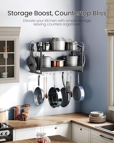 CHOEZON Hanging Pot Rack, Pot Rack Wall Mounted, 2-Tier Kitchen Pot and Lid Organizer, Wall-Mounted Cookware Holder with 12 Hooks, for Kitchen Storage of Pots, Pans, Utensils, Charcoal Black TPR02BC - Image 5