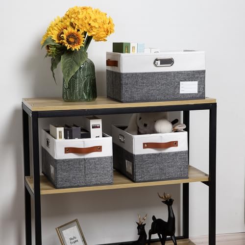 PRANDOM Foldable Storage Bins with Handles [3-Pack] Fabric Collapsible Storage Boxes Baskets Cubes Containers with Handles for Closet Living Room Bedroom (Grey & White 14.9x9.8x8.3'') - Image 2