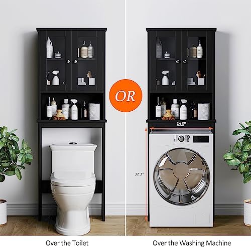 Over The Toilet Storage Cabinet for Bathroom, Storage Organizer Over Toilet with Glass Doors, Space Saver for Living Room, Black - Image 4