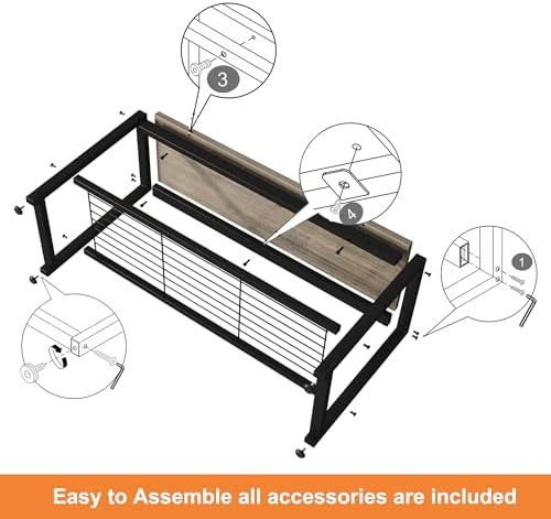 HOMEFORT 2 Tiers Shoe Bench, Retro Industrial Shoe Storage Bench with Mesh Shelf and Sturdy Metal Frame, Metal Shoe Rack Bench for Hallway, Mudroom, Living Room, Washed Gray - Image 6