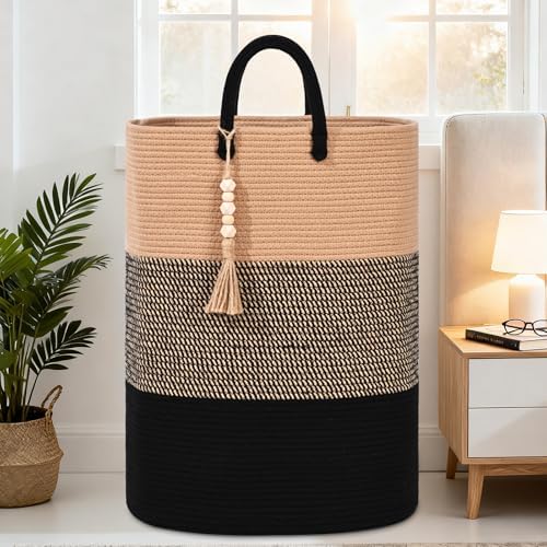Woven Laundry Basket for Clothes, 80 L Large Rectangle Laundry Hampers with Beads Tassel, Nursery Storage Basket for Toys, Tall Dirty Clothes Hamper for Bedroom Aesthetic, Laundry Room Organization - Image 3