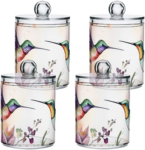 Vnurnrn Qtip Cotton Ball Holder Dispenser with Lid Watercolor Hummingbirds Print, Plastic Jars Bathroom Canisters Storage Organizer 4 Pack - Image 2