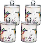 Vnurnrn Qtip Cotton Ball Holder Dispenser with Lid Watercolor Hummingbirds Print, Plastic Jars Bathroom Canisters Storage Organizer 4 Pack - Image 2