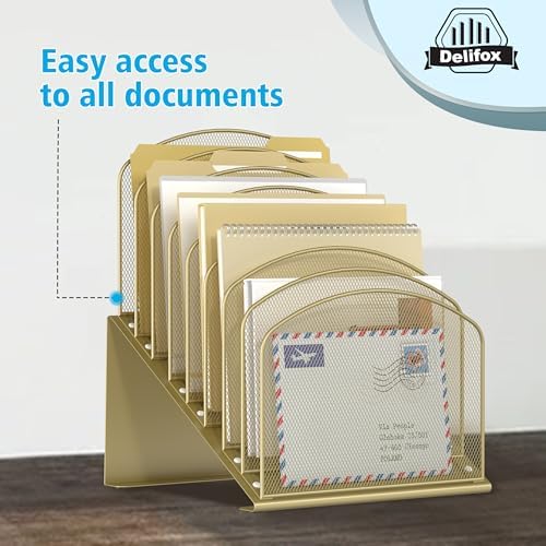 Inclined Desk File Organizer, 8-Section Upright Desk Organizer Standing File Sorter for Office Classroom Desktop Organization (Gold, 8) - Image 6