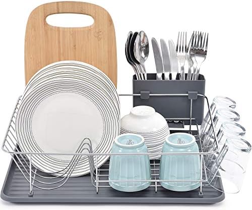 TOOLF Dish Rack, Large Capacity, Dish Drying Rack with Cutlery Holder, Removable Drip Tray, Cup Holder, Compact Kitchen Drainers for Countertop, Grey by TOOLF