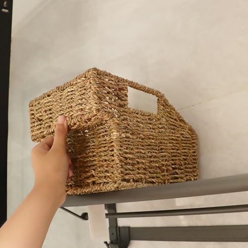 GYASVWU Seagrass Pantry Baskets for Organizing, Wicker Storage Baskets for High Shelves with Handles, Rattan Baskets for Home, Cabinet, Farmhouse, 2 Pack (Seagrass Color) - Image 7