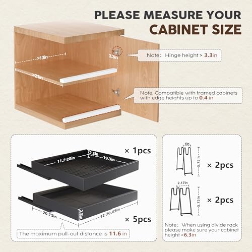 Seinloes 6 Pack Pull Out Cabinet Organizer 21"Deep with Raising Pad for Framed Cabinets,Expandable Slide Out Drawers with 4pcs Divider Racks,Roll Out Shelf Adhesive,Adjustable Width 12.05"-20.4"Black - Image 4