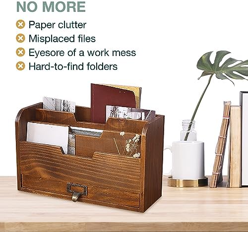 Rustic Wooden Desk Organizer - Vertical File Sorter with 3 Compartments & 1 Paper Tray Drawer - Mahogany Wood - Image 6