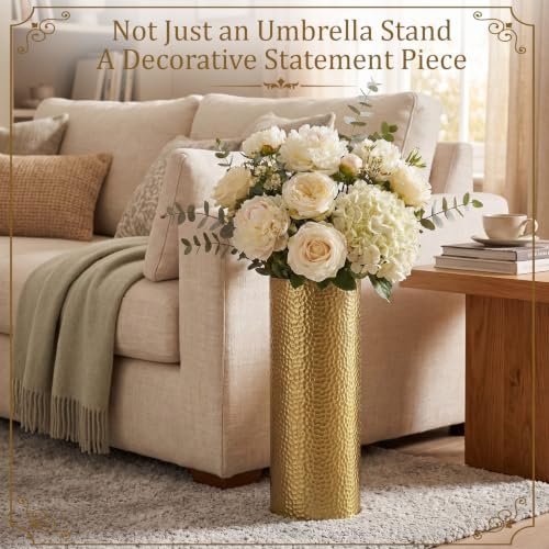 Lounsweer Metal Hammered Umbrella Stand, Gold Cylindrical Umbrella Holder for Entryway, Free Standing Canes Walking Sticks Organizer, Round Waterproof Drip Container for Home Office, 15.8 x 5.9 in - Image 4