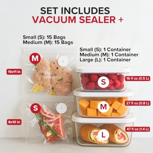 Chef Preserve Compact Vacuum Sealer for Food (Vacuum Sealer Machine + 3 Glass Vacuum Containers + 30 Reusable Vacuum Bags) Powerful Handheld Vacuum Seal Machine, Seal Meal Saver, Portable Food Sealer - Image 2