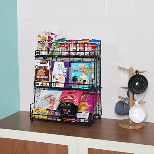 X-cosrack Stackable Wire Basket 3 Tier Countertop& Wall Mounted Metal Storage Basket for Kitchen Pantry Cabinet, Muti-functional Open Front Bin Organizer for Food Fruit Snack, Black - Image 5