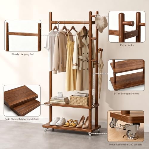 Taitiy Coat Rack Freestanding Solid Wood Clothes Rack with Wheels - Image 3
