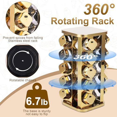 Kitchen stainless steel spice rack with 20 food grade glass cans-275 spice label-rotating vertical bracket and countertop seasoning rack cabinet tower storage rack (golden, 20) - Image 3