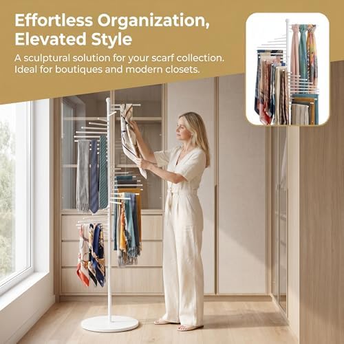 67" Freestanding Spiral Scarf Organizer - 30 Rods Metal Holder, Space Saving Hijab/Belt/Pants Rack for Closet, Clothing Store & Home (White) - Image 6
