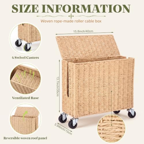 Briwooody Extra Large Rattan Cable Management Box with Caster Wheels, Brown - Image 2