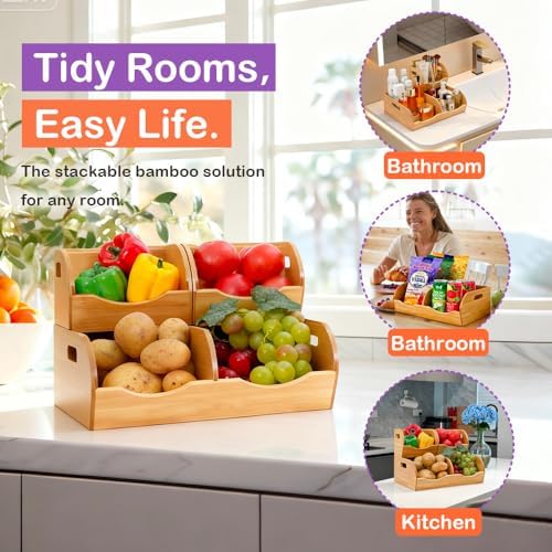 Stackable Bamboo Pantry Organizer - 3-Piece Storage Basket Set for Potato, Onion & Kitchen Cabinet, Tool-Free Assembly, Multi-Size Bins - Image 5