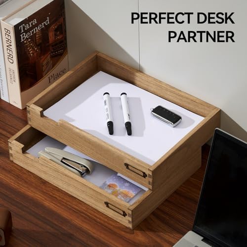KIRIGEN Wood Paper Tray Set of 2, Stackable Inbox Trays for Desk, Brown - Image 6