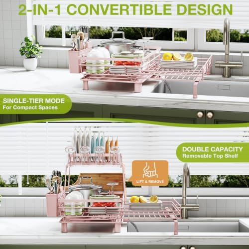 2-Tier Expandable Dish Drying Rack, Kitchen Counter Pink - Image 3
