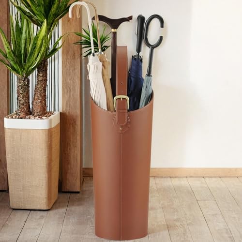 Brown Artificial Leather Tall Umbrella Holer Entryway Indoor for Business Office,22.4 Inch Umbrella Stand Entryway with Removable Water Tray 2 Hooks - Image 3
