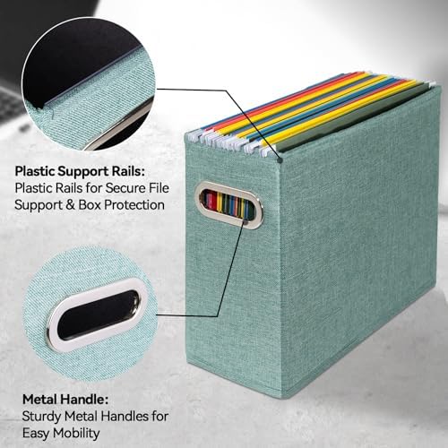 6 Pack Letter Size File Storage Box Collapsible，Fabric Hanging File Folders Organizer, Portable Office Document Holder with Metal Handle, Smooth PVC Rails, Green - Image 4