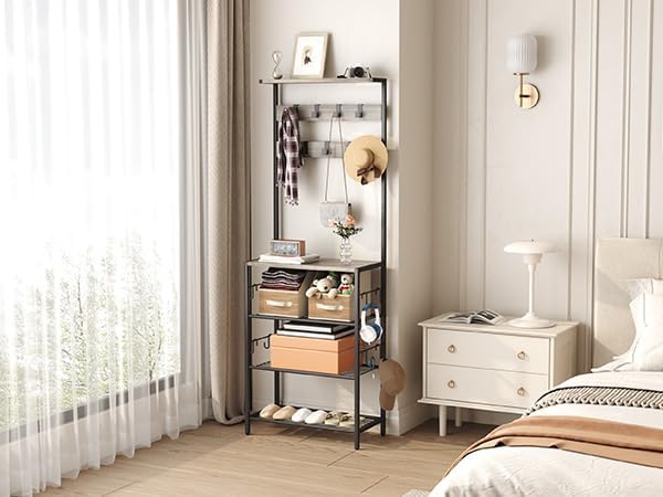 HOMEFORT Coat Rack with Shoe Storage, 5-Tier Shoe and Coat Rack with 9 Clothes Hooks, Freestanding Hall Tree Organizer for Entryway, Bedroom,Grey - Image 4
