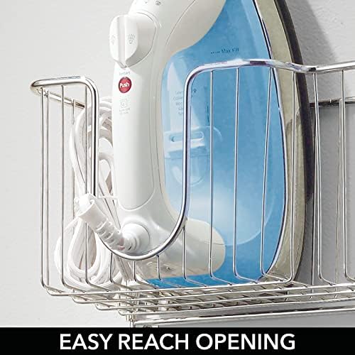 mDesign Metal Steel Ironing Board Holder Wall Mount with Large Storage Basket for Laundry Rooms - Holds Iron, Ironing Board, Spray Bottles, Starch, or Stain Sticks - Easy Installation - Chrome - Image 6