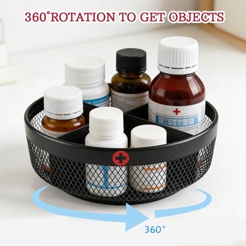 Rotating Medicine Organizer, 11.4 in Lazy Susan Pill Bottle Organizer with 4 Divided Sections, Metal Mesh Turntable Storage Basket for Cabinet, Countertop, Bathroom, Vitamins, Supplements - Image 3