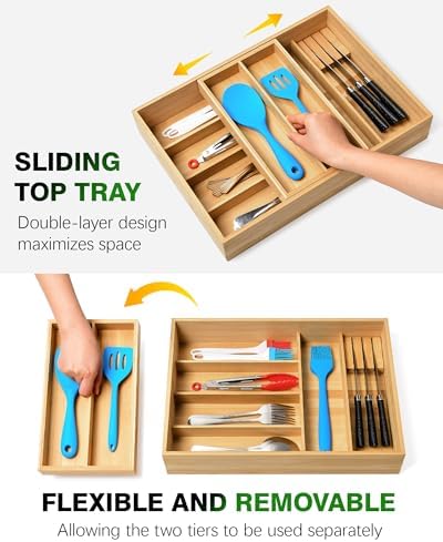 HULISEN Double Layer Bamboo Utensil Drawer Organizer for Silverware Cutlery - Image 5