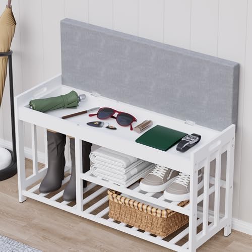 Bamboo Shoe Storage Bench with Cushioned Seat 3-Tier Entryway Shoe Rack - Image 3