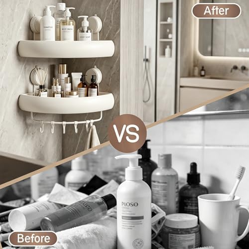 Shower Caddy Suction Cup（2-Pack Cream White）, No-Drilling Corner Bathroom Organizer,Rust Proof Shower Shelf for Inside Shower with Removable Hooks & Towel Bar - Image 7