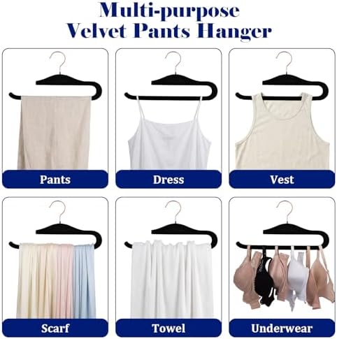 Velvet Hangers Non-Slip,40 Pack Open Ended Felt Jean Hangers,Heavy Duty Space Saving Flocked Hangers for Pants Slack Skirts Tank Top Towel,360° Swivel Golden Hook (40, Black) - Image 5