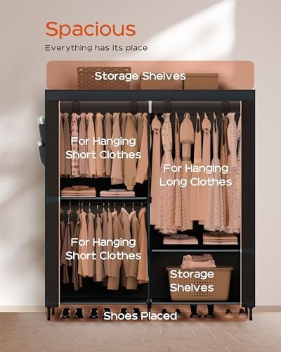 CASAMAYA Clothes Rack, Portable Closet, 54.7 Inch Large Capacity Wardrobe Closet with Cover, Clothes Storage Organizer with Shelves and 3 Hanging Rods, Easy to Assembly, Black PCT122B01 - Image 4