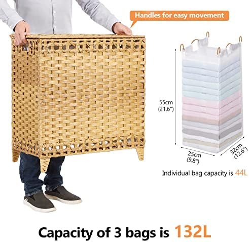Laundry Hamper with 3 Removable Liner Bags, 132L Laundry Sorter with Lid - Image 4
