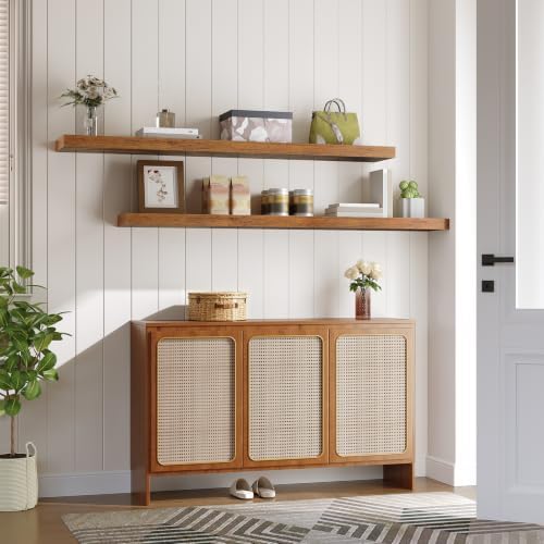 HOOBRO Floating Shelves for Wall, Wall Mounted Shelf Set of 2, 55" Hanging Shelf with Invisible Brackets, for Wall Storage in Bathroom Bedroom Kitchen Living Room Office, Rustic Brown BF140BJP201 - Image 5