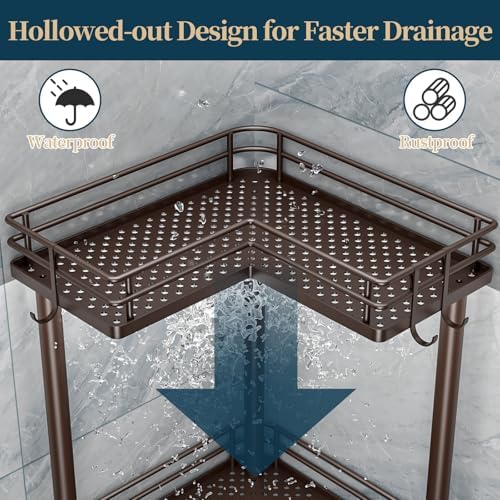 Consumest Corner Shower Caddy Standing - 3-Tier Stainless Steel Shower Organizer with Soap Holder and 4 Hooks, Large Capacity Corner Shelf Stand for Bathroom, Rest Room, Bronze - Image 4