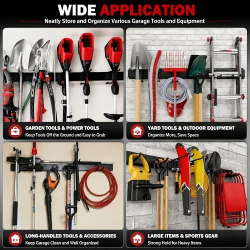 64 Inches Garage Tool Organizer Wall Mount, Tool Storage Rack Wall Mount, Heavy Duty Garden Wall Organizer System for Yard, garage and Shed, Tool Holder for Hanging Rake Snowboard Broom Mop - Image 6