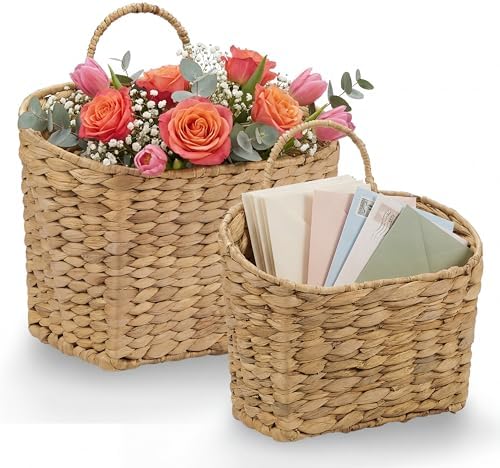 84ECO Set of 2 Wicker Hanging Baskets for Organizing, Front Door, Mail, Flowers - Woven Wall Baskets for Storage by 84ECO