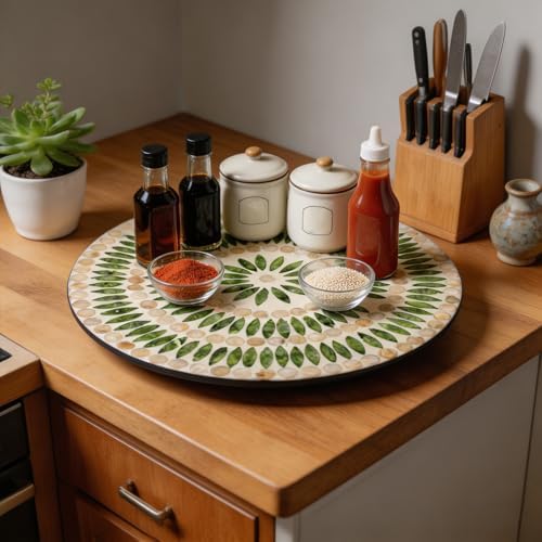 13.4" Mother of Pearl Lazy Susan, Table Centerpiece Round Shell Decorative Lazy Susan Turntable Rotating Tray Organizer for Cabinet Counter Gift Kitchen Office Cafe Home Decor (Dot Green) - Image 4