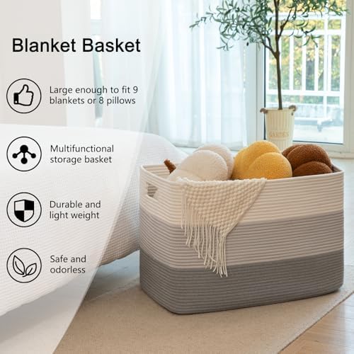 OIAHOMY 118L Extra Large Blanket Basket Cotton Rope Storage Basket Grey - Image 3