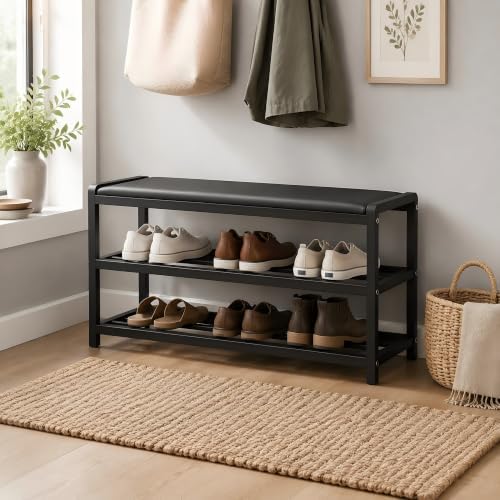 Stainless‑Steel Padded Shoe Rack Bench, Entryway Storage Bench for Kids & Adults, Hallway Shoe Organizer with Comfort Seat by Unknown